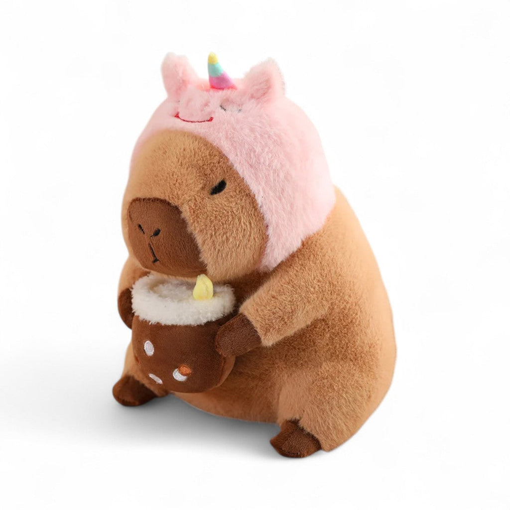 Capybara Kuscheltier mit Getränk und lustigem Mütze Die Kuschelecke