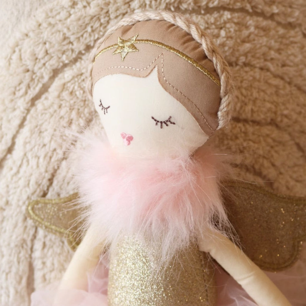 Engel Puppe Kuscheltier rosafarbenes Tüllkleid goldene Flügel Die Kuschelecke