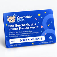 Rückseite der Kuscheltier Club Geschenkkarte mit Feld für den Einlösecode und Nutzungsbedingungen