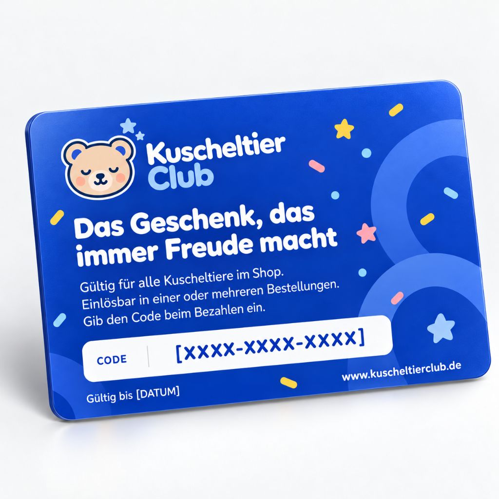 Rückseite der Kuscheltier Club Geschenkkarte mit Feld für den Einlösecode und Nutzungsbedingungen