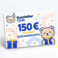 Kuscheltier Club Geschenkkarte im Wert von 150 € mit einem lächelnden Teddybären, der ein Geschenk hält
