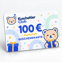 Kuscheltier Club Geschenkkarte im Wert von 100 € mit einem lächelnden Teddybären, der ein Geschenk hält