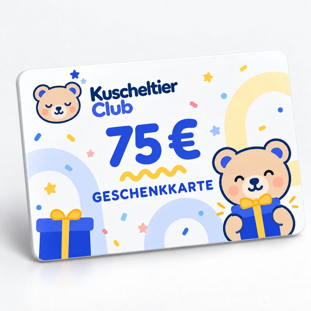 Kuscheltier Club Geschenkkarte im Wert von 75 € mit einem lächelnden Teddybären, der ein Geschenk hält