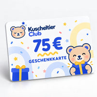Kuscheltier Club Geschenkkarte im Wert von 75 € mit einem lächelnden Teddybären, der ein Geschenk hält