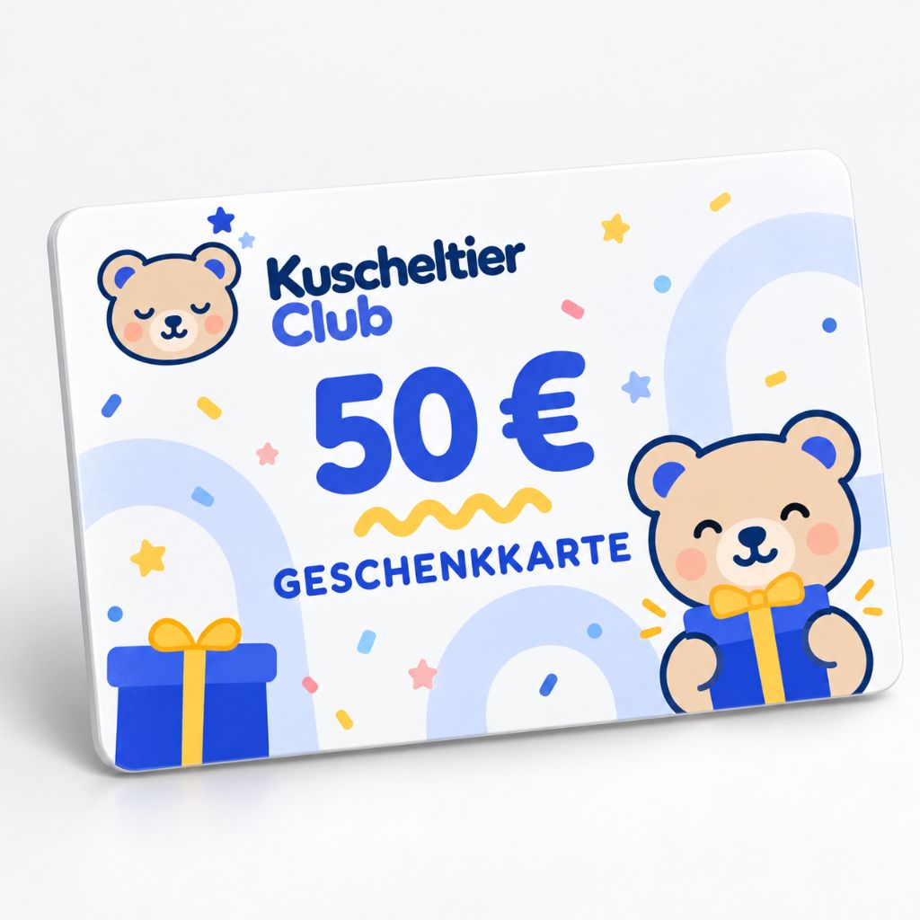 Kuscheltier Club Geschenkkarte im Wert von 50 € mit einem lächelnden Teddybären, der ein Geschenk hält