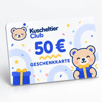 Kuscheltier Club Geschenkkarte im Wert von 50 € mit einem lächelnden Teddybären, der ein Geschenk hält