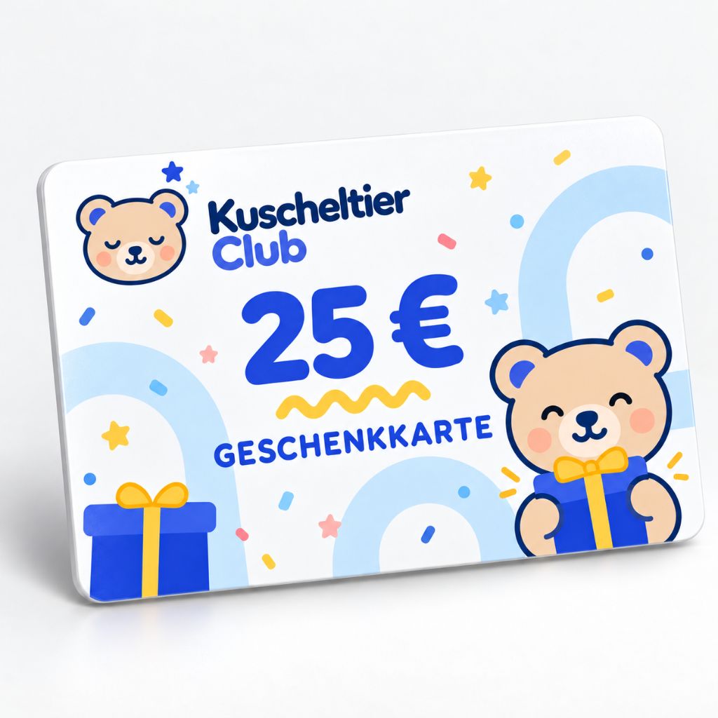 Kuscheltier Club Geschenkkarte im Wert von 25 € mit einem lächelnden Teddybären, der ein Geschenk hält