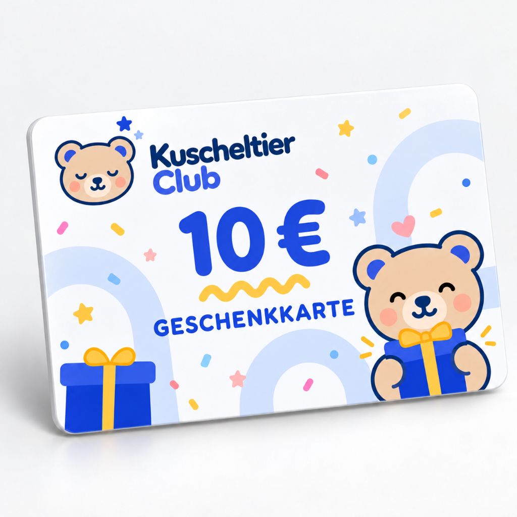 Kuscheltier Club Geschenkkarte im Wert von 10 € mit einem lächelnden Teddybären, der ein Geschenk hält
