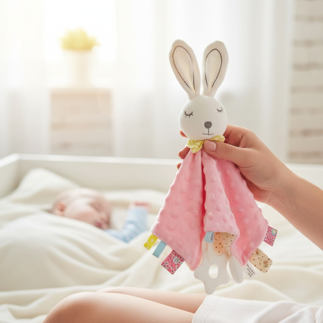 Pastell Hase Schmusetuch Kuscheltier Minky mit Beißring Die Kuschelecke