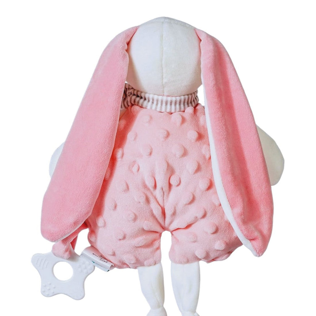 Rosa Hase Kuscheltier Latzhose mit Punkten gestreiftem Kragen Die Kuschelecke