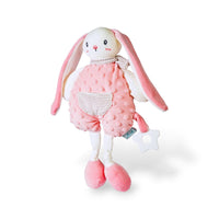 Rosa Hase Kuscheltier Latzhose mit Punkten gestreiftem Kragen Die Kuschelecke