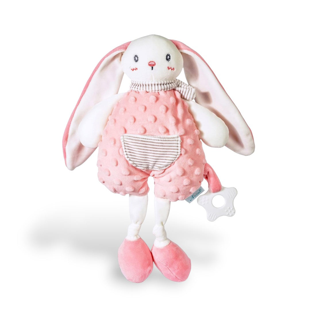 Rosa Hase Kuscheltier Latzhose mit Punkten gestreiftem Kragen Die Kuschelecke